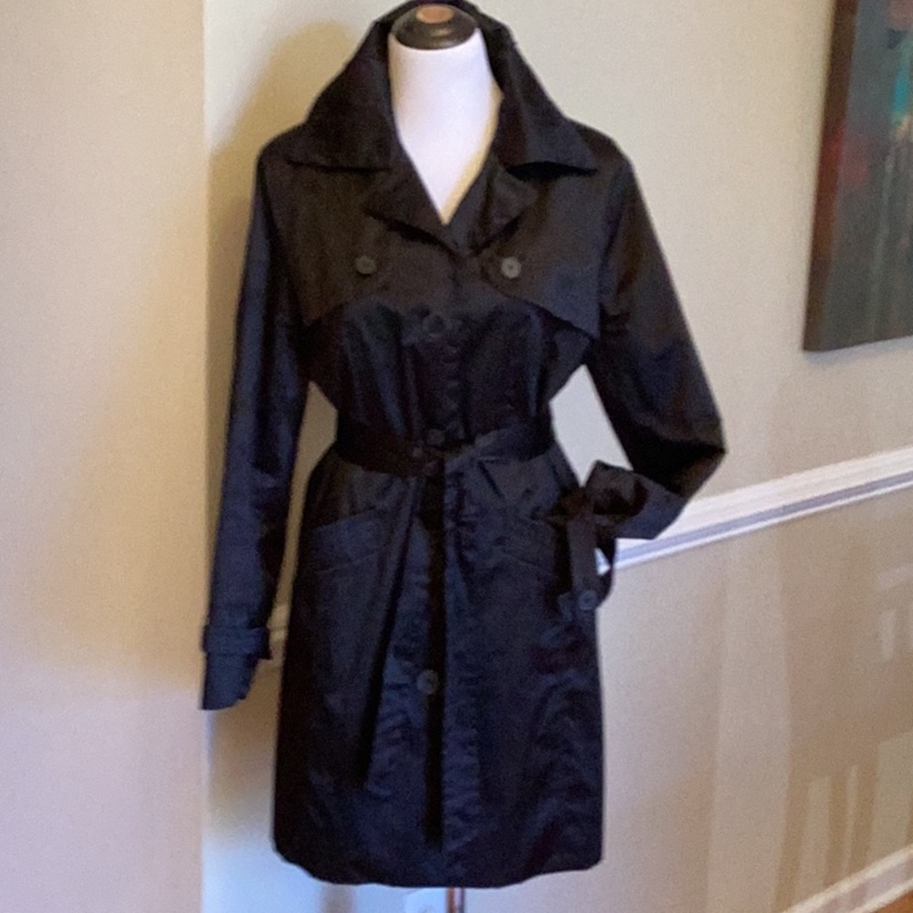 Esprit Outerwear slightly shiny black trench style raincoat.  Size large.  EUC